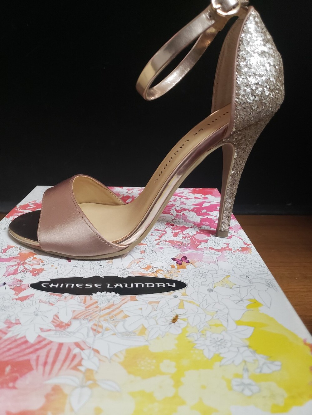Chinese Laundry Rose Gold Satin & Glitter Ankle-Strap Heels "Lucky Charm"